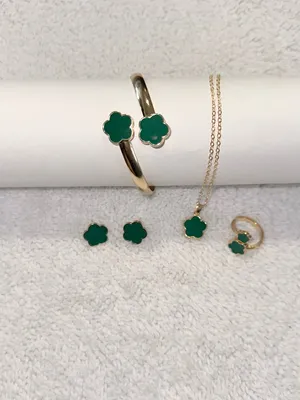 4pc green Clover Jewelry Set - Green Enamel Necklace, Bracelet, Ring & Earrings thumbnail 6
