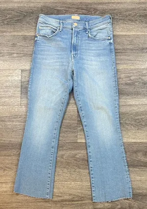 MOTHER Light Blue Flare Jeans The Insider Crop Strep Fray thumbnail 1