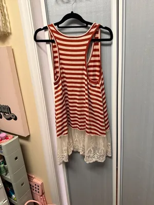 Umgee Red and White Striped Racerback Tank Top with Embroidered Lace Hem thumbnail 3