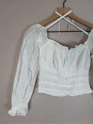 With Jean Fonda Top Long Sleeve Smocked Blouse White Small $219 thumbnail 10