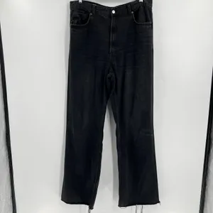Zara High Rise Waisted Wide Leg‎ Raw Hem Black Denim Jeans Women's Size 14 thumbnail 4
