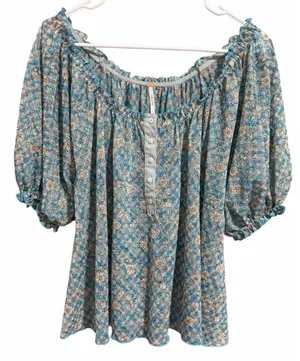 Free People Astra Peasant Top Blue Daisy Floral‎ Print Women's Size Medium thumbnail 1
