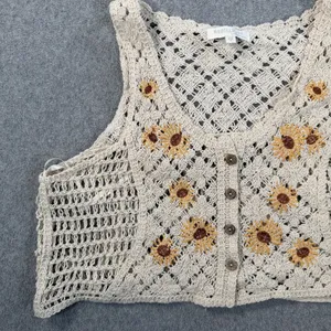 REBELLION again Women's Medium Crochet Vest Beige Sunflower Button Front Boho thumbnail 3