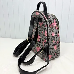 Juicy Couture Pink Rose Print‎ Black Logo Faux Leather Backpack thumbnail 9
