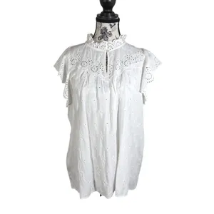 LOFT Women Large White Eyelet Embroidered Flutter Sleeve Tunic Top Boho L Summer thumbnail 2