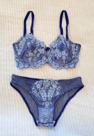 Victoria's Secret Blue Floral Lace Underwire Bra & Panty Set NWOT 32DDD thumbnail 1