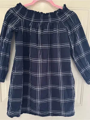 Abercrombie & Fitch Navy and White Plaid off the shoulder dress XS thumbnail 4