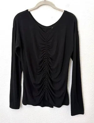 [Zella] Heathered Black Amare Ruched Front V-Neck Long Sleeve T-Shirt Sz Medium thumbnail 1