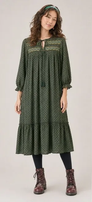 April Cornell Candlelight Smock Dress Large L Olive Green Block Print Boho Midi thumbnail 1