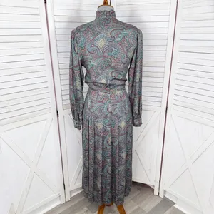Vntg J.G. Hook Paisley Pleated Mock Neck Maxi Dress Green Multi Size‎ 4 Heritage thumbnail 4
