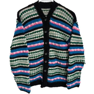 Hand Crocheted Striped Cardigan Chunky Knit Grannycore Sweater w/‎ Flaw thumbnail 1