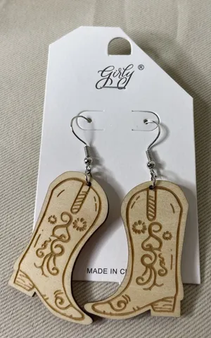 Girly Womens OS Cowboy Boot Earrings Tan Laser Etched Wood Western‎ Boho Cowgirl thumbnail 1