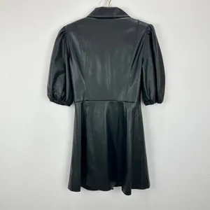 Lime Faux Leather Mini Dress Black Minimalist A Line Puff Sleeve Collared XS thumbnail 3