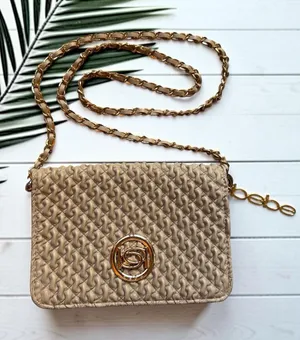 Bebe Woven Clutch Purse Chain Strap Beige Gold Tone Logo Bag thumbnail 1