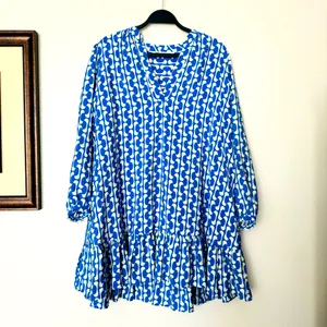 Zara Paula Blue/White Geometric Long Sleeve Mini Swing Dress Size Medium thumbnail 4