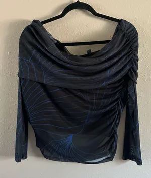 Worthington Abstract Print Off-the-Shoulder Mesh Blouse  thumbnail 1