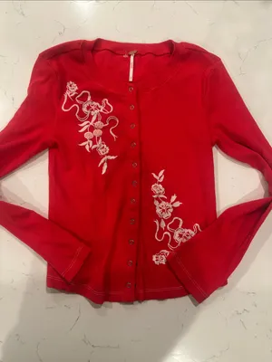NEW Free People Candy Cane Lane Beaded Long Sleeve Snap Buttons Top Sz XS thumbnail 3