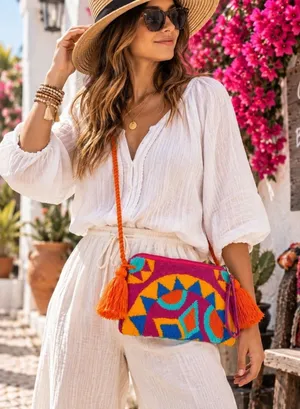 Boho Embroidered Crossbody Bag Colorful Tassel Shoulder Purse Wristlet thumbnail 1