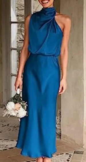 Beautiful Elegant Satin mock neck long Dress size small Maxi. thumbnail 1