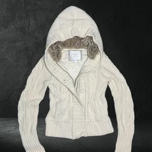 Vtg Y2k American‎ Eagle Cream Cableknit Hooded Sherpa Lined Zip Up Jacket Size M thumbnail 1