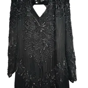 Vintage Right Choice Silk Beaded Gown Black Evening Dress 1980s Made in India‎ thumbnail 2