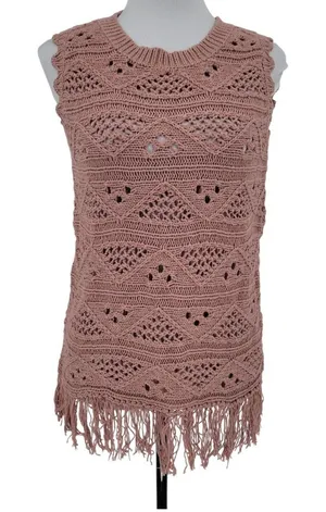 Crochet Open Knit Top Fringe Womens Size M Rose Pink Boho Beachy Coastal thumbnail 1