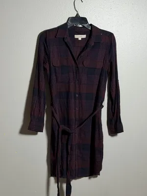 Loft‎ Women Purple/Black Plaid Long Sleeve Button Up Dress Belt size M Petite thumbnail 2