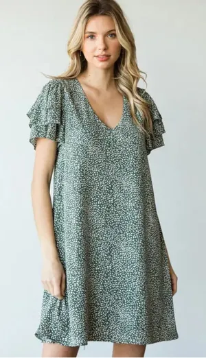 JODIFL Green Floral‎ Ruffle Sleeve V Neck Mini Dress Women's Size S thumbnail 1