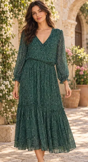 Free People Emerald Green Floral midi Dress thumbnail 1