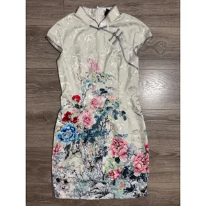Jin He White Floral Satin Qipao Cheongsam Dress Size S Mandarin Collar Asian thumbnail 11