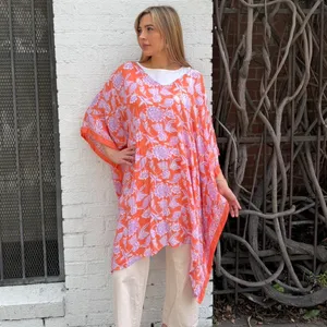 Free People World Market orange + pink boho floral poncho tunic kimono one size #fairy #beach #hippie thumbnail 2