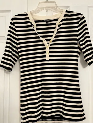 Lauren Ralph Lauren Black Label Striped Ribbed Knit Top Womens‎ M Casual Preppy thumbnail 1