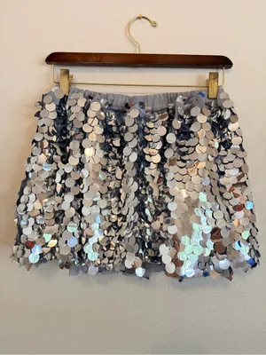 NWT Spirit Halloween sequinned mini skirt, silver tone large round sequin, sz L thumbnail 8