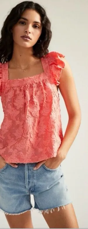 By Anthropologie Amber Tank Top Coral Ruffle Criss-Cross Straps Textured size S thumbnail 1