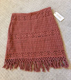 Shyanne Dusty Rose /Brown Crochet Fringe Mini Skirt - Large thumbnail 1