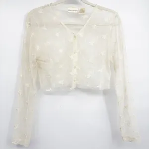 Christie & Jill Womens Cream Floral Lace Sheer Vintage 90s Fairycpre Crop Top M thumbnail 1