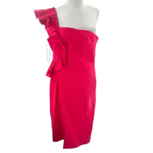 NWT By Anthropologie One-Shoulder Ruffle Linen Column Midi Dress pink‎ sz XL thumbnail 4