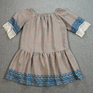 Umgee Drop Waist Off Shoulder Mini Tunic Dress Size Small Crochet Trim Gray Blue thumbnail 7
