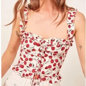 Reformation Bayley Cherry Linen Tank Top Lace Up Corset Ruffle Size 12 Coquette thumbnail 1