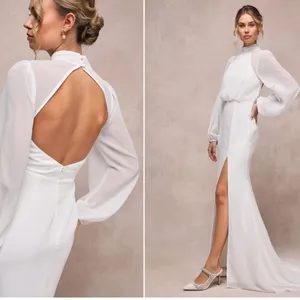 LULU's Graceful Love White Long Sleeve Backless Elegant Mermaid Bridal Gown thumbnail 3
