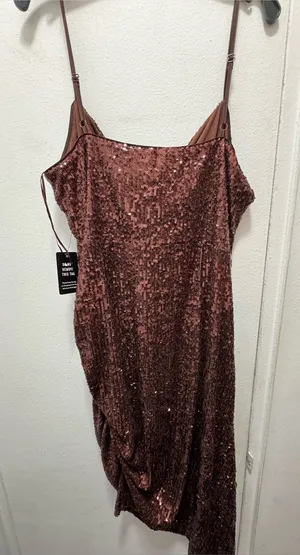 NWT Express Sequin Slip Ruched Dress in Chocolate Brown Size Medium thumbnail 1