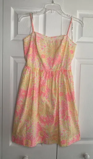 Lilly Pulitzer Fit Flare Dress Womens Size 2 Pink‎ Yellow Floral Sunburst Cotton thumbnail 1