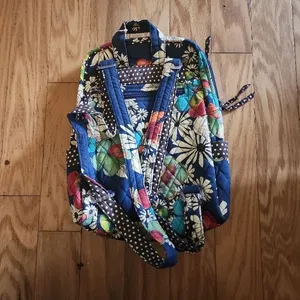Quilted Backpack Womens Navy Blue Floral‎ Polka Dot Zipper Boho thumbnail 2