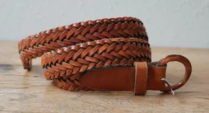 Vintage Tan Brown Braided Woven Genuine Leather Belt Round Buckle Size 30 thumbnail 1