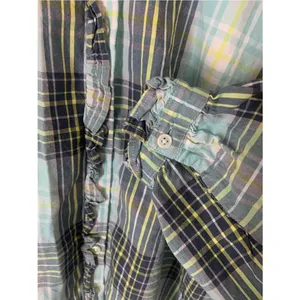 LOFT Plaid Preppy Button Front Ruffle Detail Shirt in Teal Navy Yellow Green M thumbnail 3