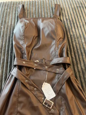 Sexy Espresso Faux Leather Mini Dress - Double Belted Waist "Baddie" Look thumbnail 2