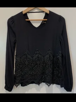 Anthropologie Monteau Black Long Sleeve Lace-Trim Blouse Top thumbnail 7