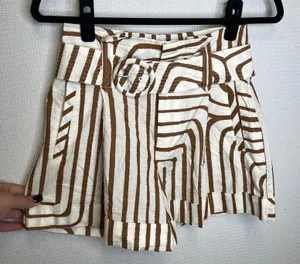 Mango MNG Brown Cream Abstract Stripe Belted High Rise Pleated Shorts Size 2 thumbnail 1