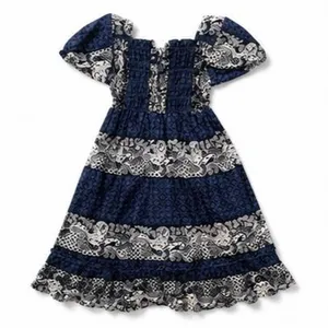 Navy Paisley Tiered Milkmaid Mini Dress Puff Sleeve Square Neck Smocked XS thumbnail 1