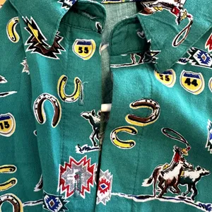 Vintage Roughrider by Circle T Button Down 90s Horse Riding Print AOP Green S thumbnail 3